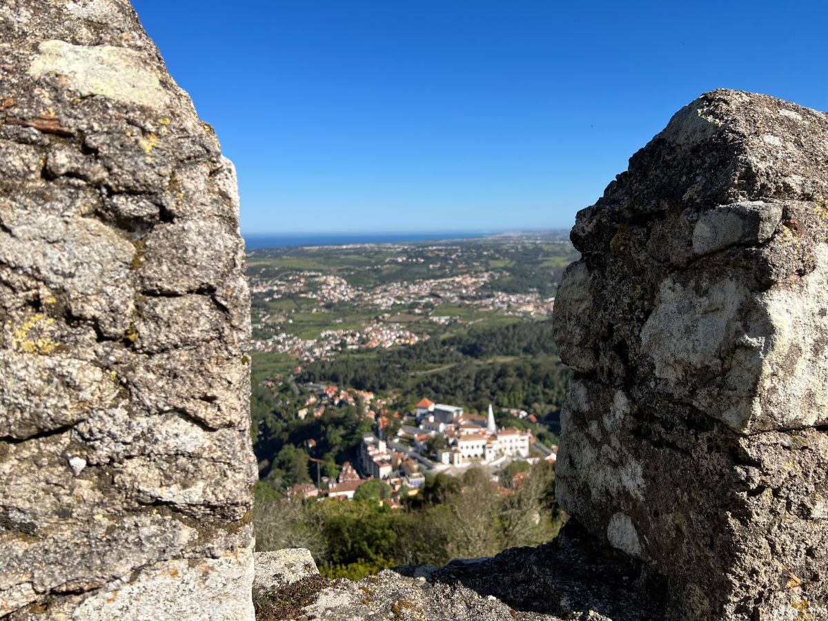View of the National Palace of Sintra from the Castelo dos Mouros. Portugal. Credit: Carry on Caro